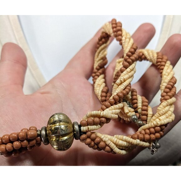 Vintage Rustic Brown And Cream Shell And Wood Beaded Necklace With Gold Tone Bau - Picture 5 of 6